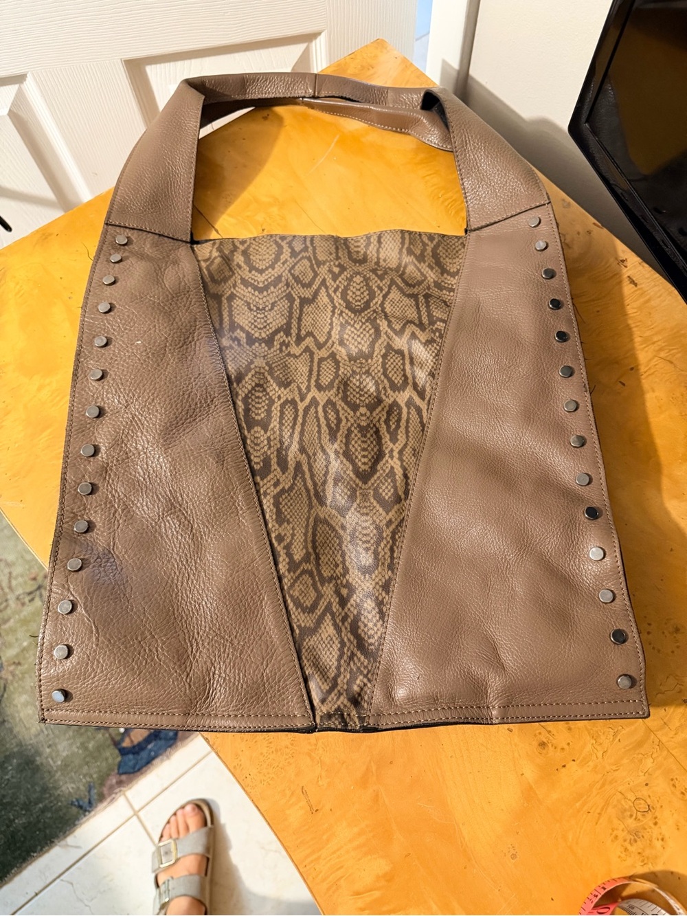 Taupe Snake-Print Shoulder Hobo with Stud Trim